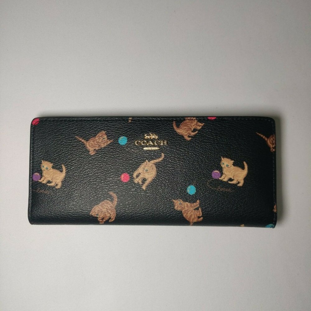 NWT C6061 COACH BLACK MULTI CAT PRINT SLIM WALLET